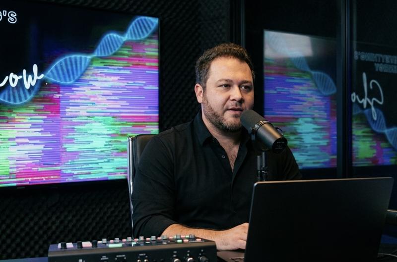 Michael Scalar in the studio at the mixing board